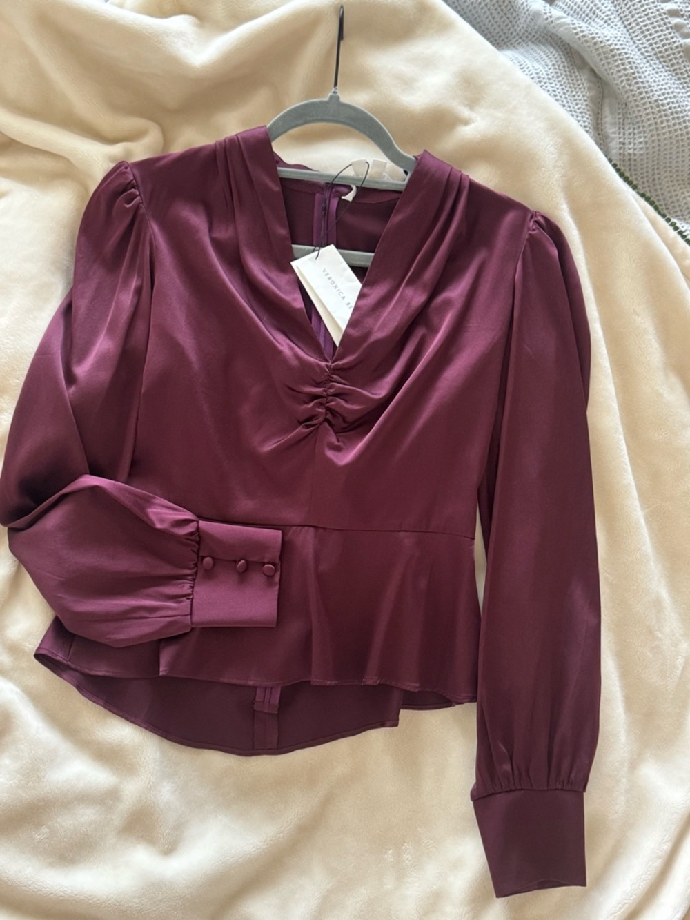Veronica Beard Satin Ruched Peplum Blouse in Dark Fig